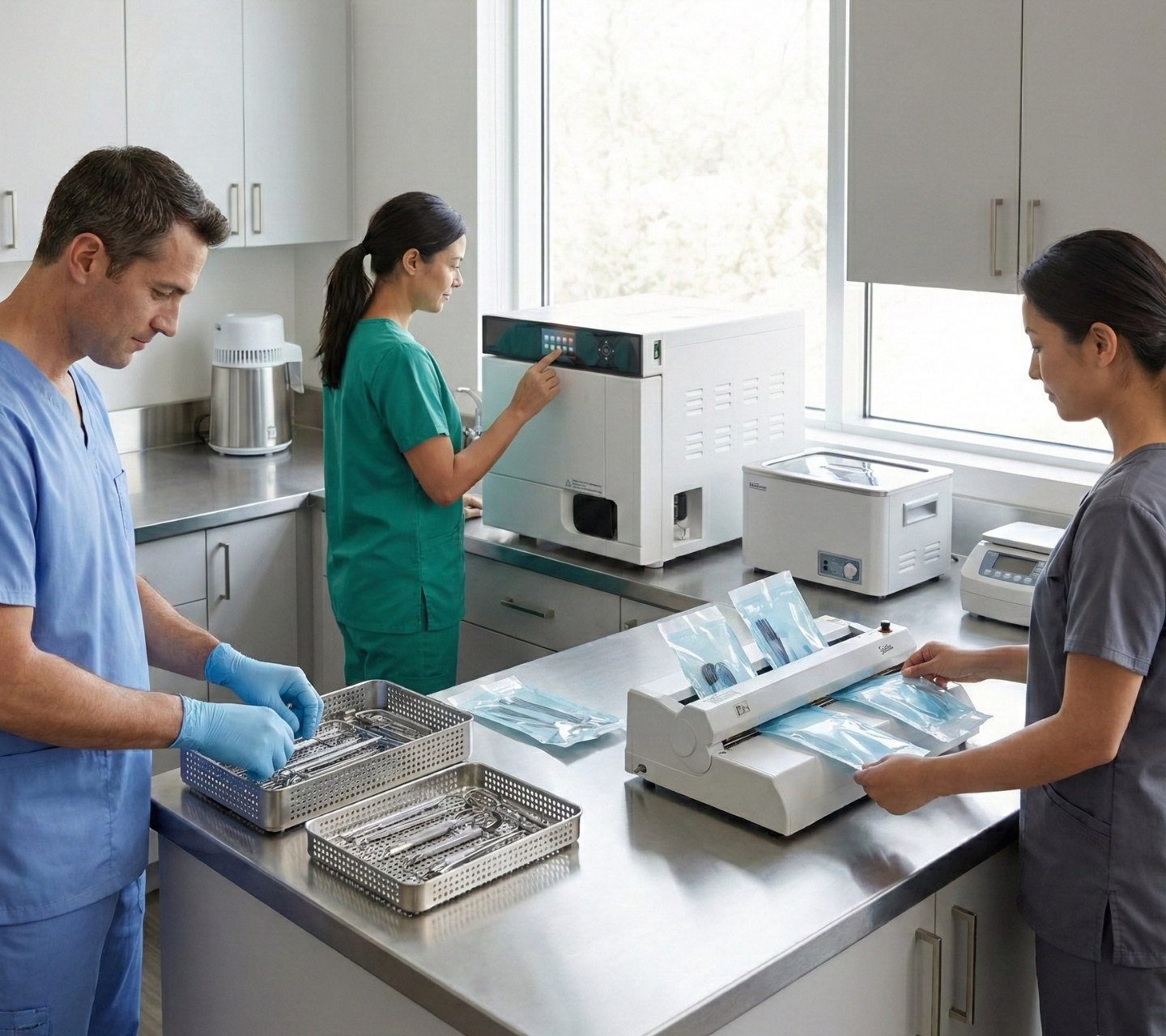 Healthcare professionals working with sterilization equipment