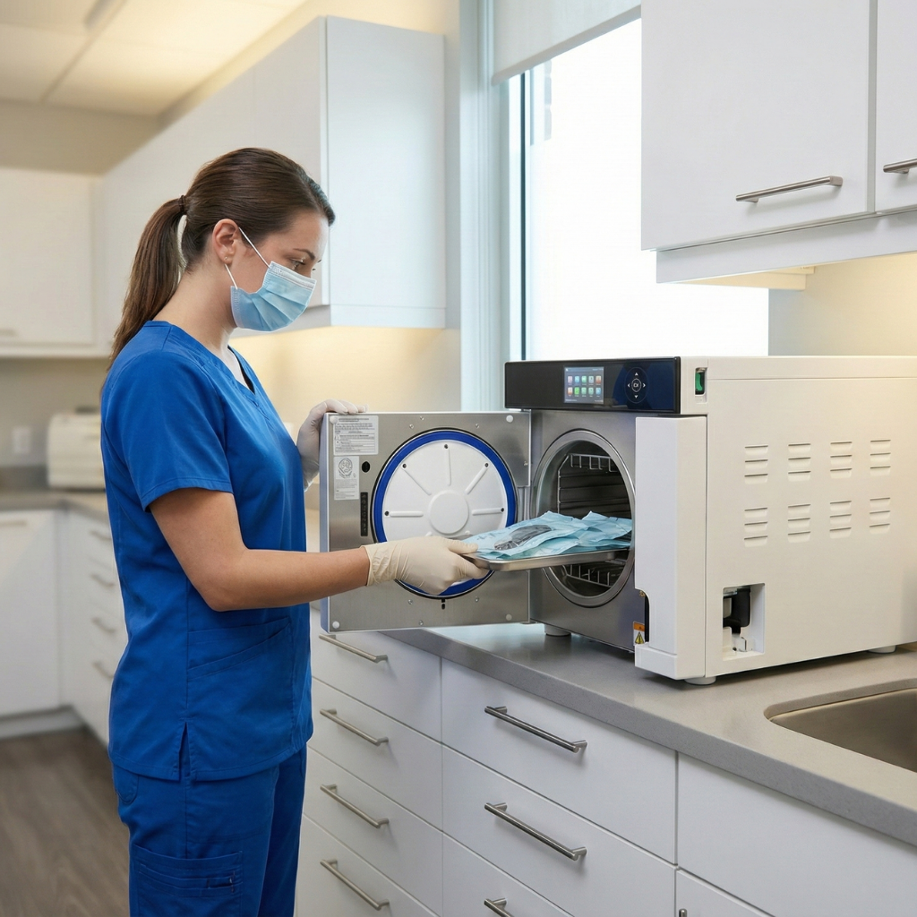 Healthcare professional using sterilization equipment